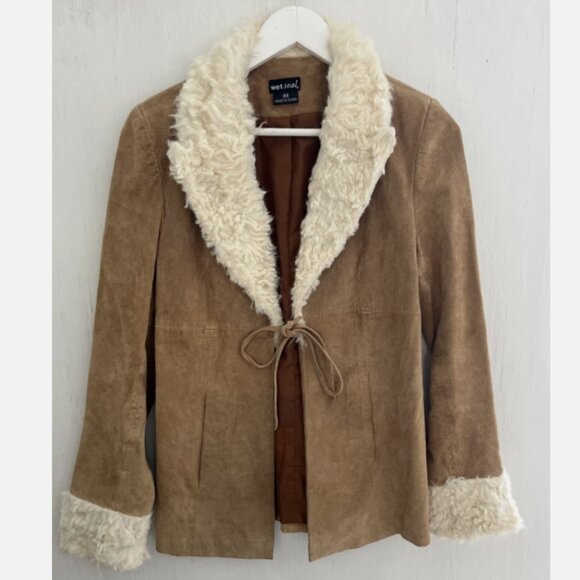 WET SEAL Y2K Tan Suede & Sherpa Fur Jacket Tie Front Size M - Picture 1 of 5